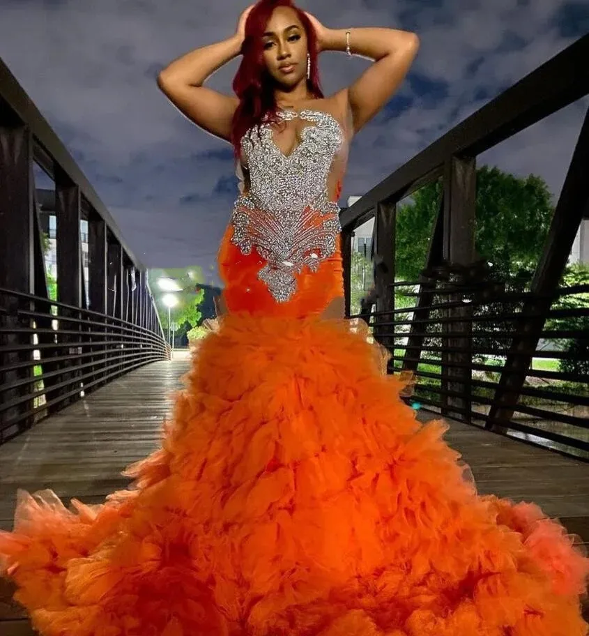 Orange Ruffles Bottom Mermaid Prom Formal Dresses For Women Sparkly Diamond Crystal Evening Birthday Gown Robe De Soiree 322