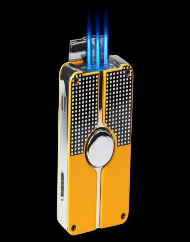 Briquet classique à 3 torches coupe-vent au gaz Butane, jaune et noir, briquet à Jet rechargeable avec poinçon intégré, nouveau Design 3267371