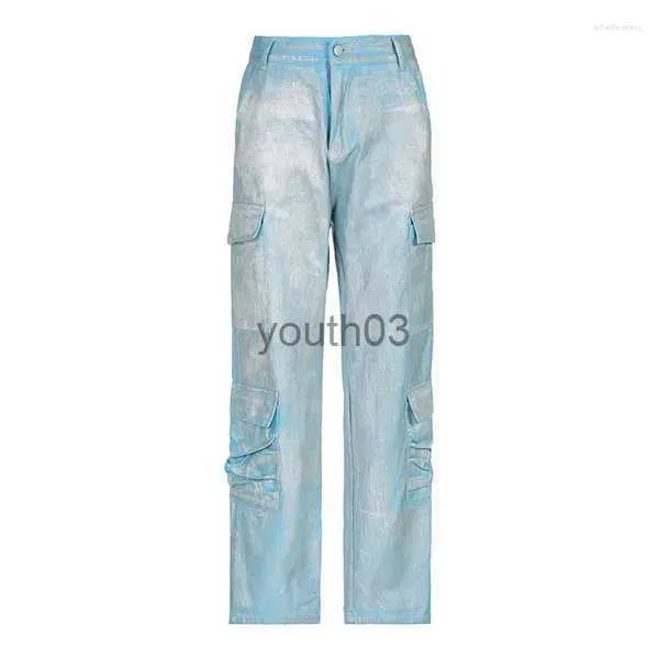 Women's Jeans Jeans Coated Gloy Deign Waited Tyle TraighT Tube Plicing Multiple Pocket Heavy Indutry Trend Fahionable Denim 240304