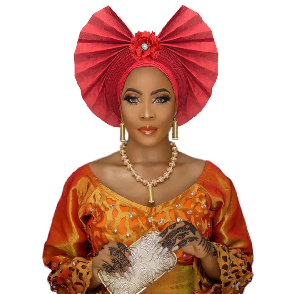 Mode auto gele headtie Afrikaanse Nigeriaanse vrouwen traditionele aso oke autogele waaiervorm voor bruiloft party242R