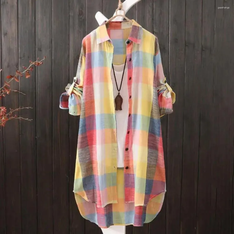 Camicette da donna Camicia da donna Stampa scozzese a colori a contrasto con orlo irregolare Maniche lunghe Top da donna oversize morbido e traspirante