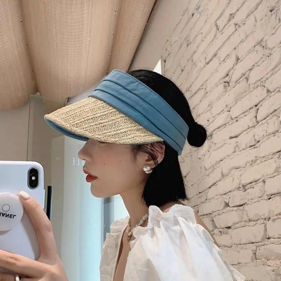 Boné de viseira de palha para mulheres designer de moda chapéu de sol reversível embalável anti UV chapéus de praia topless coreano bonés de viagem ao ar livre largo 235w