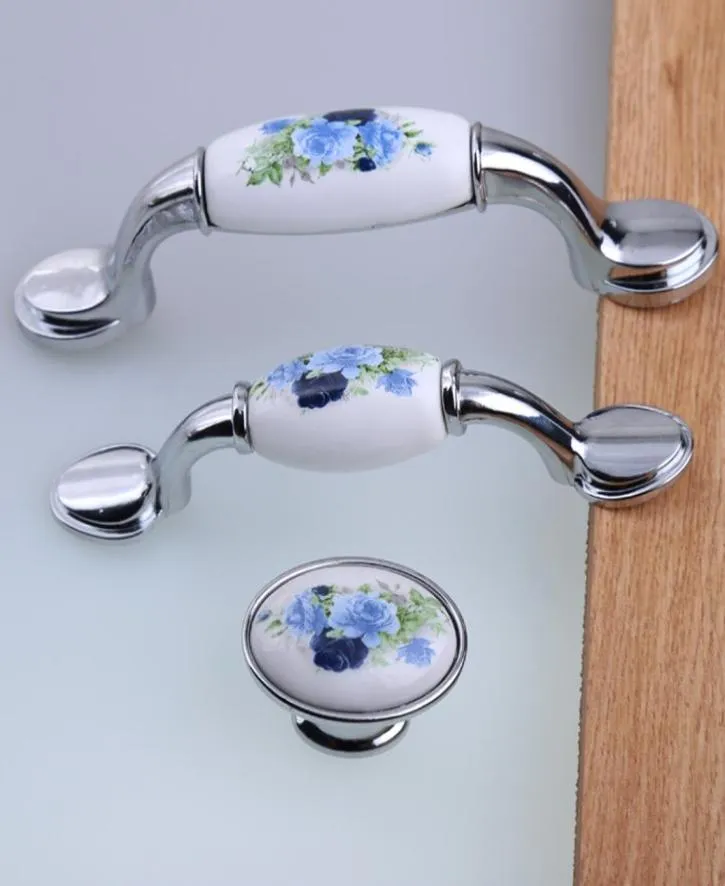 76mm 96mm 128mm modern fashion rural ceramic furniture handles white and blue silver tv cabinet drawer dresser handle knob8121165