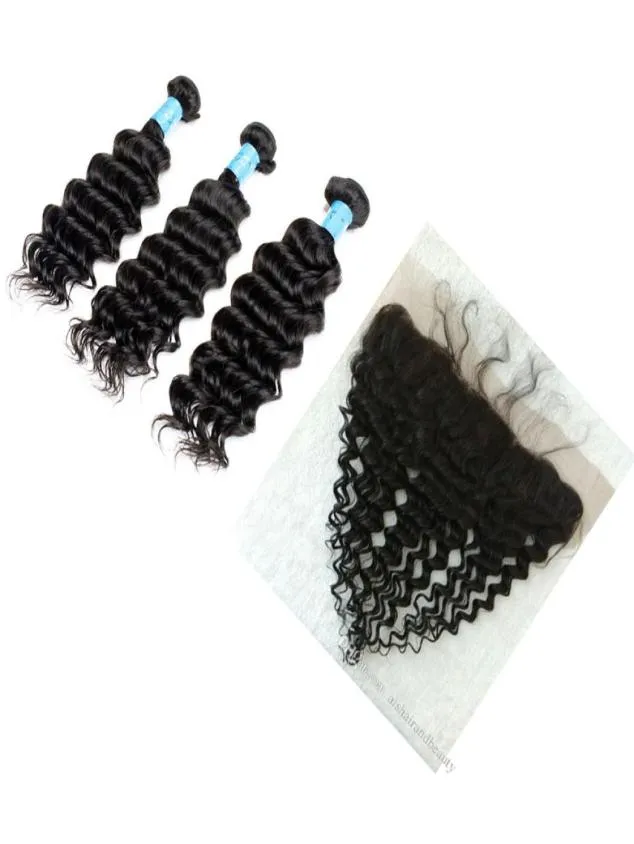 1030 pouces cheveux cambodgien brésilien malaisien indien péruvien vague profonde cheveux tisse couleur 1B teintable 3 paquets et frontal5167749