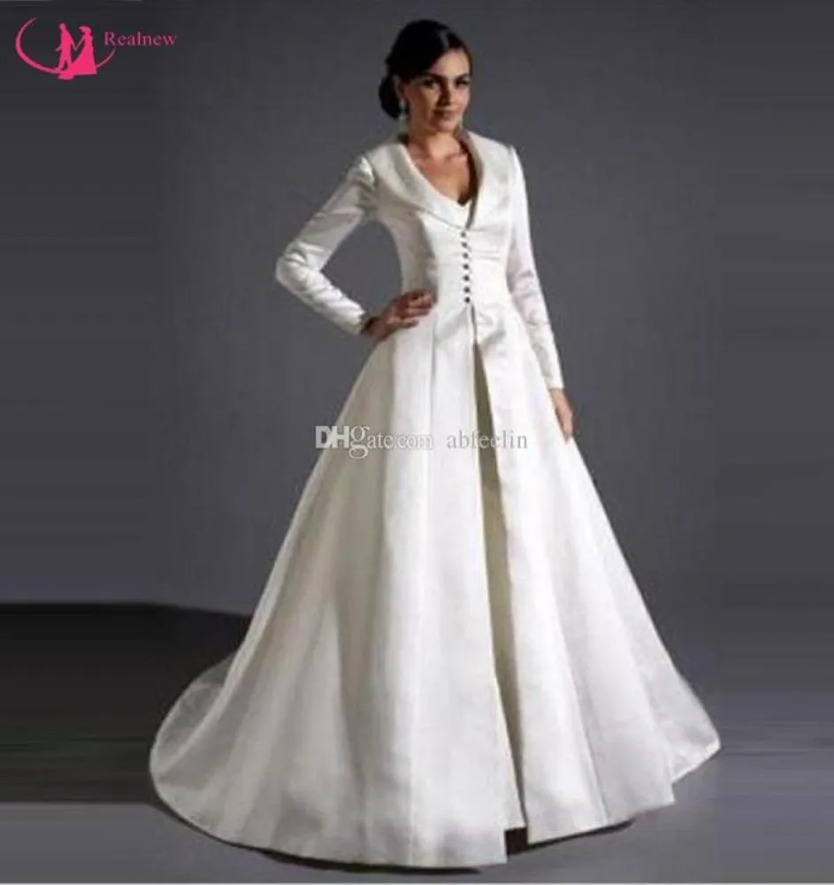 Zimowe płaszcze ślubne Płaszcze Bridal Jackets zamiatanie pociągu długie rękawy Białe ślubne satynowe wzruki wzruszają na specjalne okłady 6620384