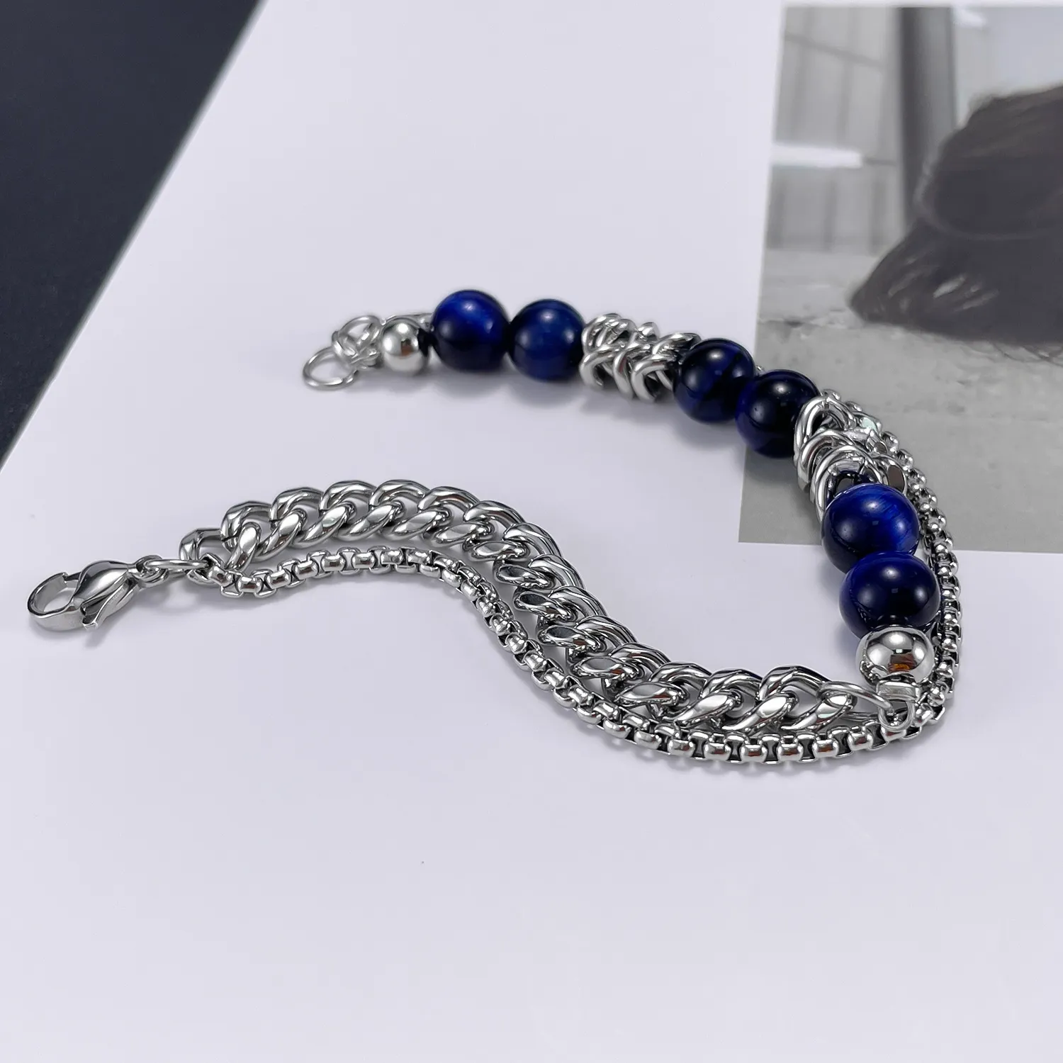 Bracciale con perline occhio di tigre blu in acciaio inossidabile argento Bracciale con catena a strati multistrato donna Regali da uomo n1501