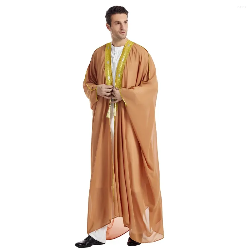 Etniska kläder Jubba Thobe broderi långärmad chiffong outwear jubbas för män muslimska islamiska abaya kimono saudi caftan robe dubai arab