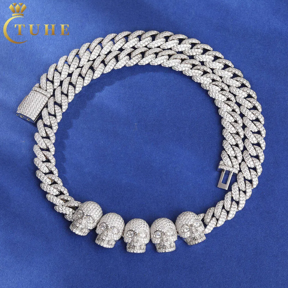 Modna czaszka Naszyjnik Hip Hop Biżuteria MENS 10 mm 925 Sterling Srebrny VVS Moissanite Diamond Iced Out Cuban Link Chain