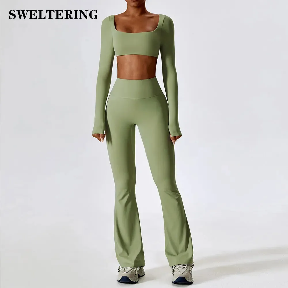 2-teiliger Damen-Trainingsanzug, Yoga-Set, Workout, Sportbekleidung, Fitnessstudio, Kleidung, Fitness, langärmelig, bauchfreies Top, hohe Taille, Leggings, Sportanzüge 240228