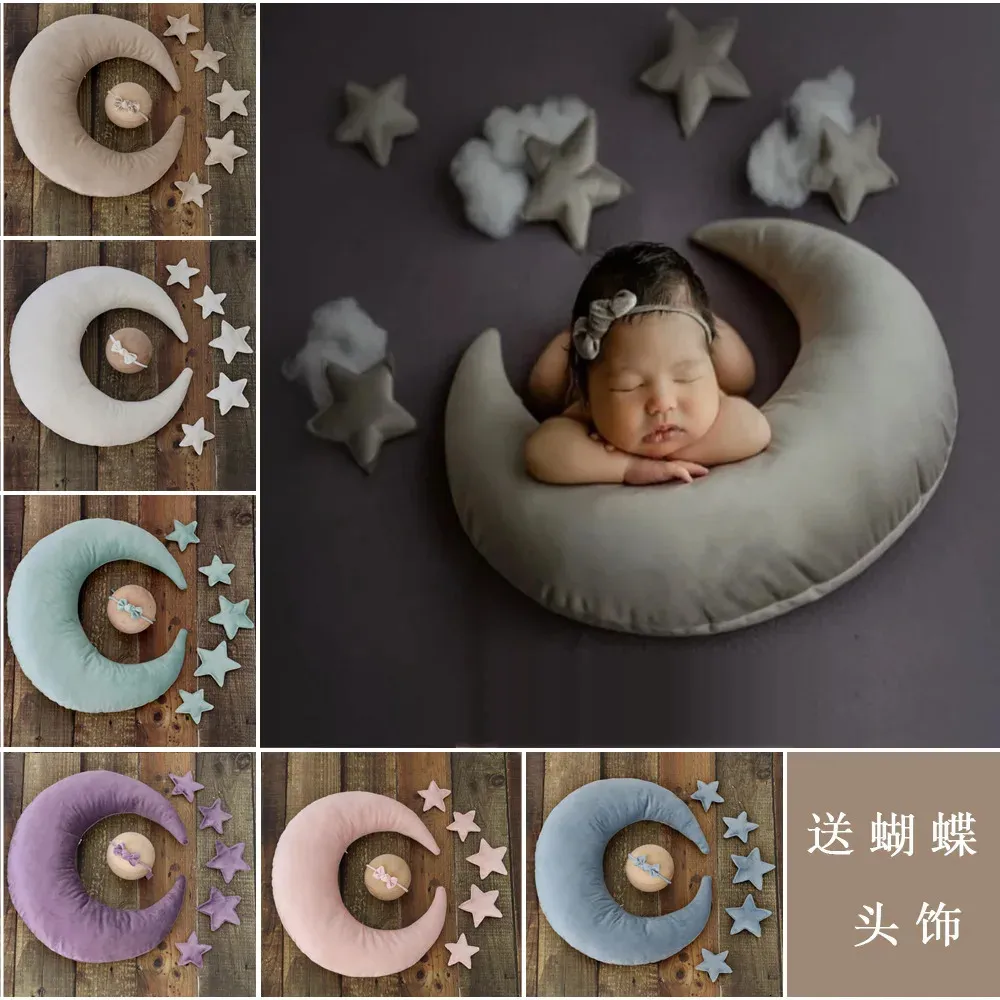 Bebê nascido pografia adereços lua travesseiro com estrelas conjunto de gravata infantil posando travesseiro acessórios de pografia do bebê 240226