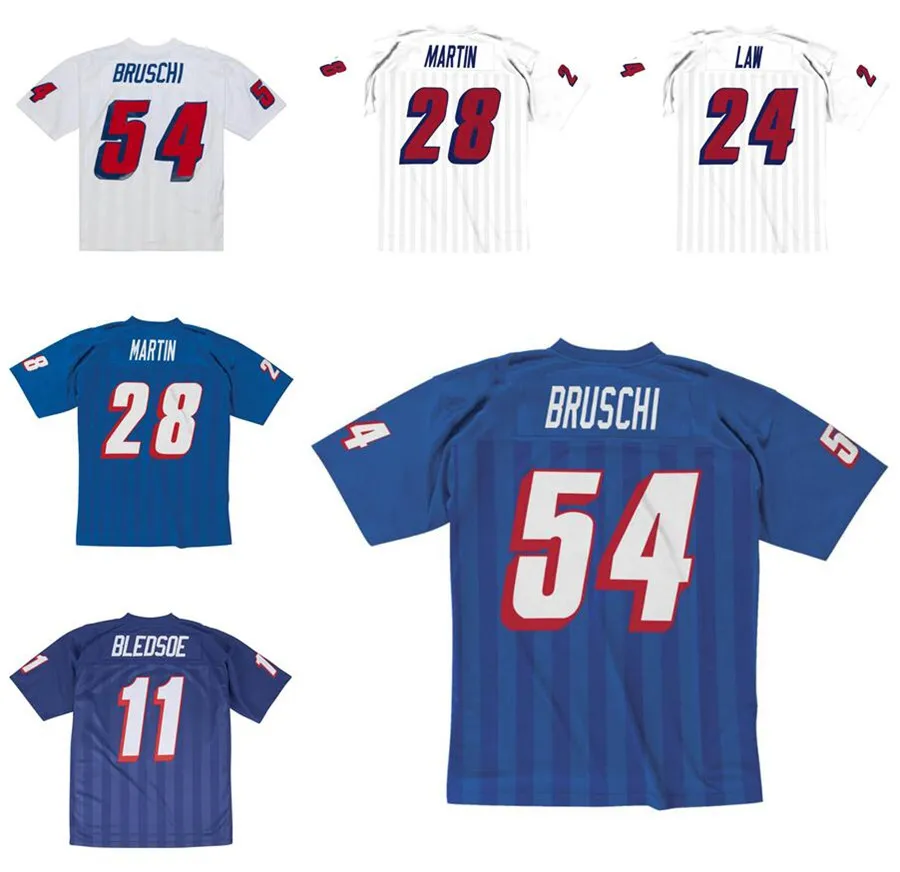 Costurado camisa de futebol 54 Teddy Bruschi 1996 azul malha branca retro rugby jerseys homens S-6XL