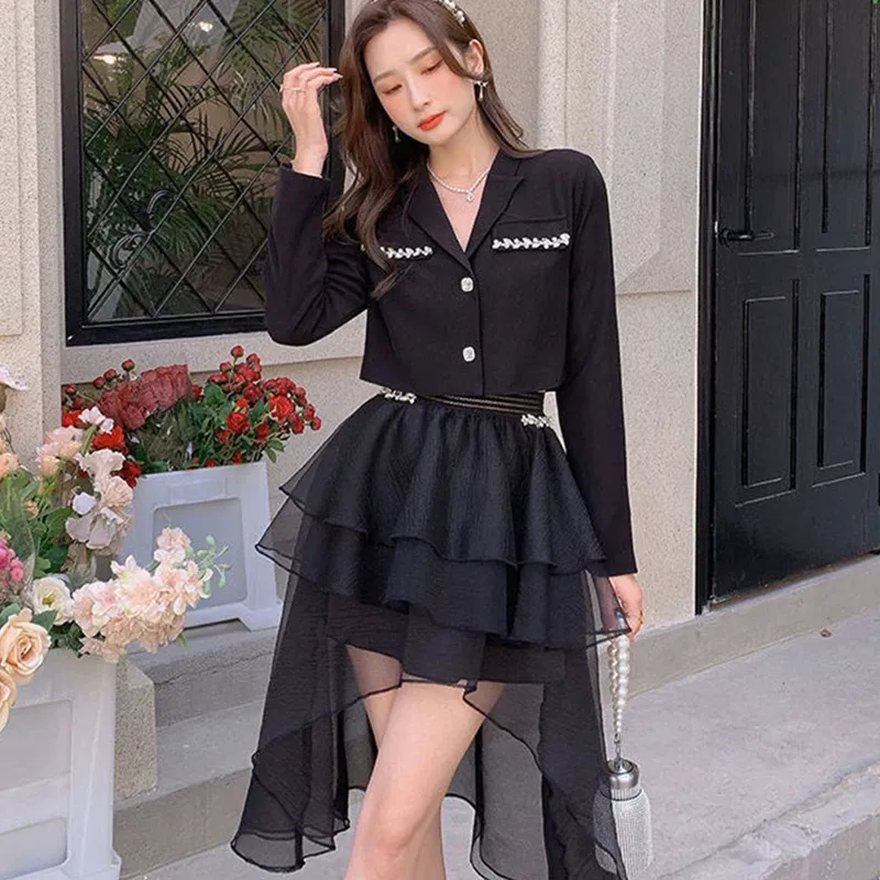 Women's Two Piece Pants Suits 2023 New Women Blazers Skirts Sets Korean Lady Graceful Diamonds Black Slim Suit Coats Mesh Ball Gown Outfits Fashion Clothing 5v8m