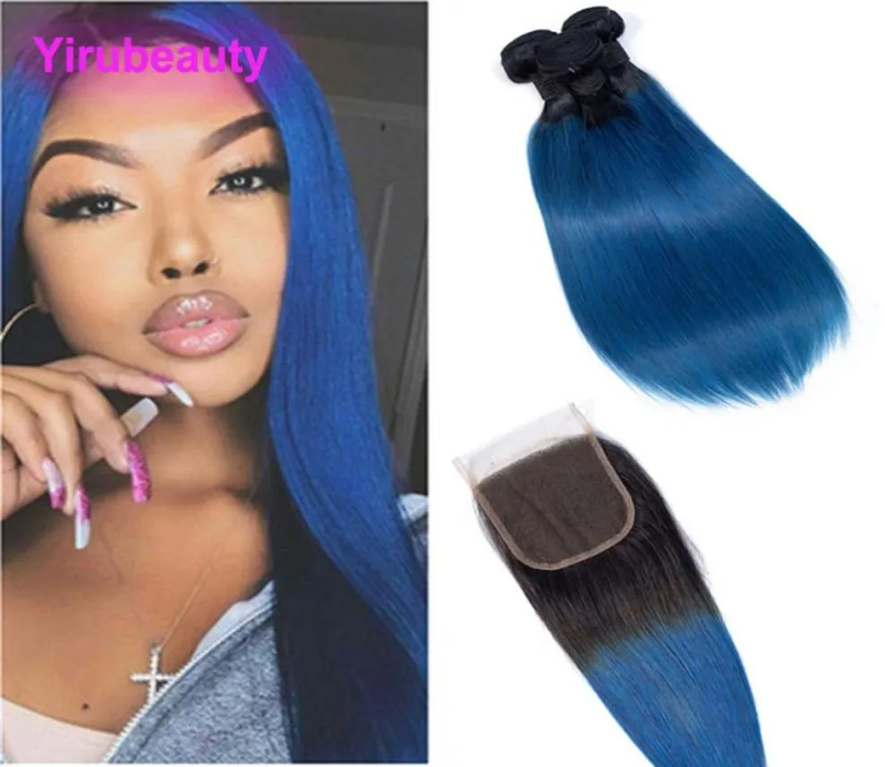 Malaysian Virgin Hair Bundles With 4X4 Lace Closure 1BBlue Straight Human Hair Extensions 1b Blure Ombre Hair Wefts With Closure 3589688