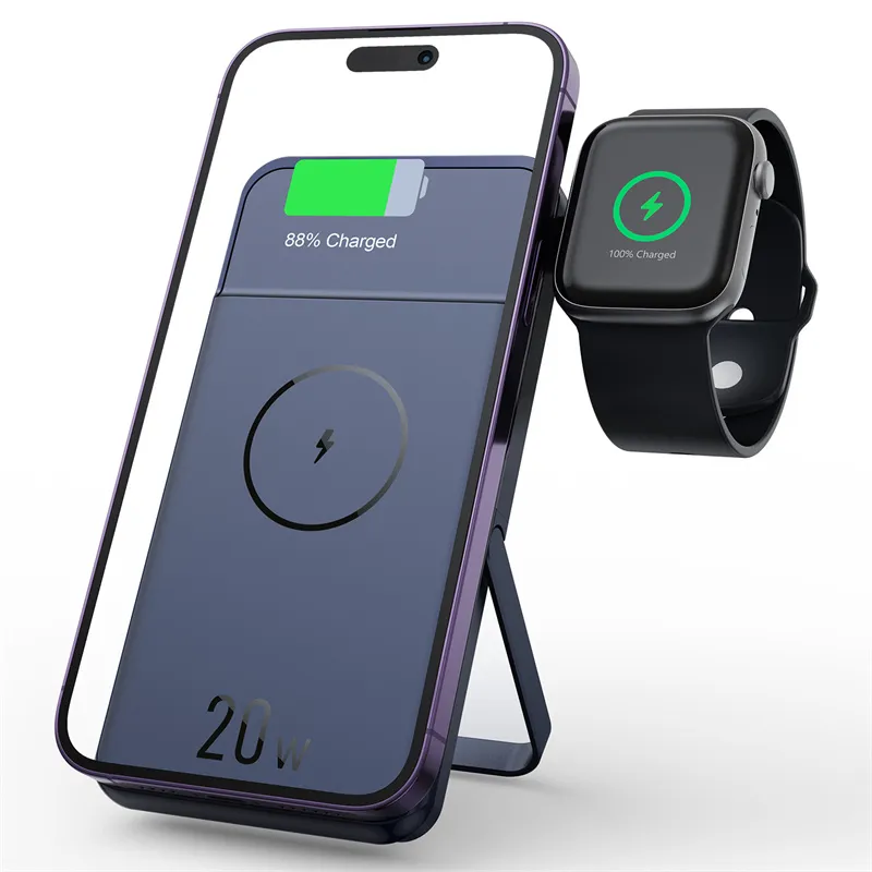 Caricabatterie wireless Powerbank per iPhone Apple Watch 10000mAh PD 20W Pacchetti sicuri Magnete 2 in 1 Supporto magnetico Ricarica Power Bank con scatola