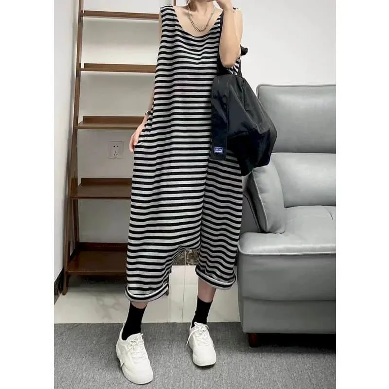 Gestreifte Overalls für Frauen, Sommer, ärmellos, übergroße Outfits, Damen, lockerer koreanischer Stil, lässig, hohe Taille, Cross-Pants240304