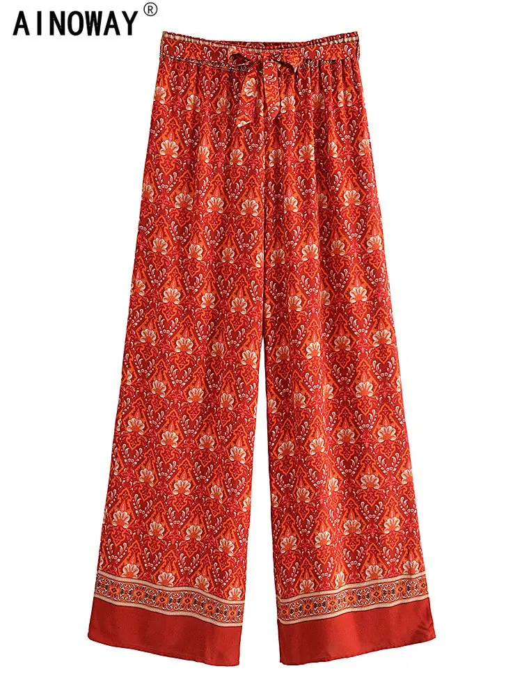 Capris Vintage Chic Women Kırmızı Çiçek Baskı Bohem Geniş Bacak Pantolon Lady Elastik Bel Gevşek Rayon Boho Uzun Pantolon Büyük Boy Pantolon