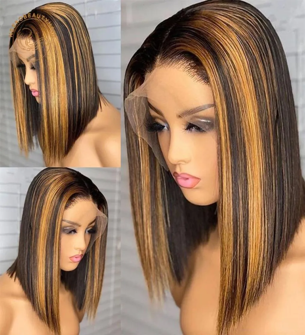 Perruque Bob Lace Front Wig synthétique lisse brésilienne à reflets, cheveux naturels courts, brun ombré, blond miel, pour femmes 4244690