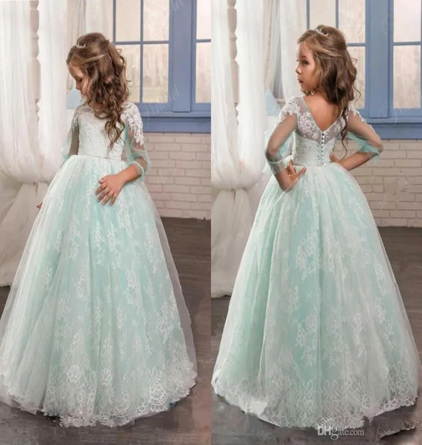 2017 Romantisk Mint Green Flower Girl Dress for Weddings Tulle med spetsar Öppen Back Ball Gown First Communion Pageant Dresses for GI5350681