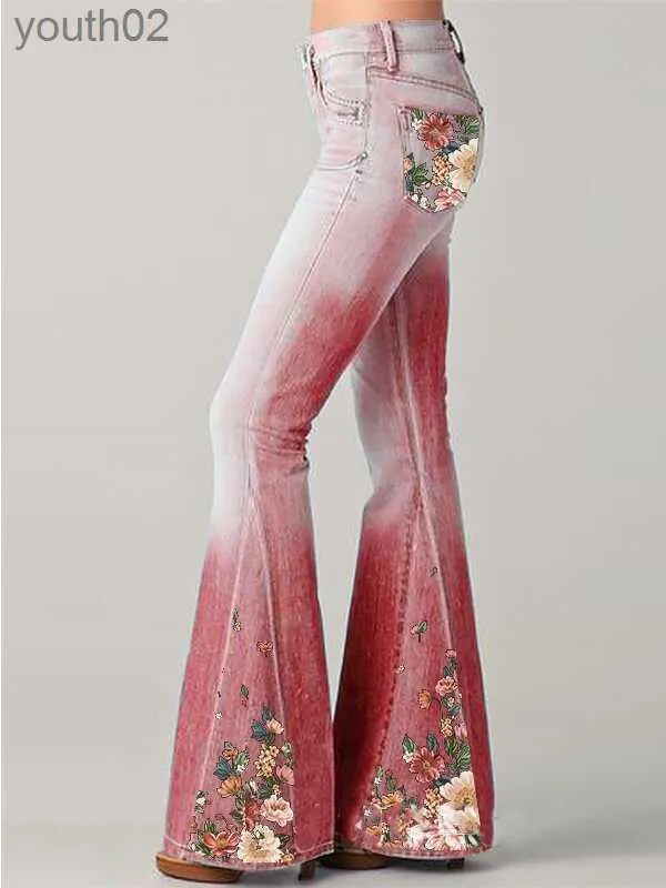 Damesjeans Lente Nieuwe Jeans Gradiënt Bloemenprint Imitatie Bell Bottoms Dames Hoge Taille Lange Broek Plus Size Damesbroeken 240304