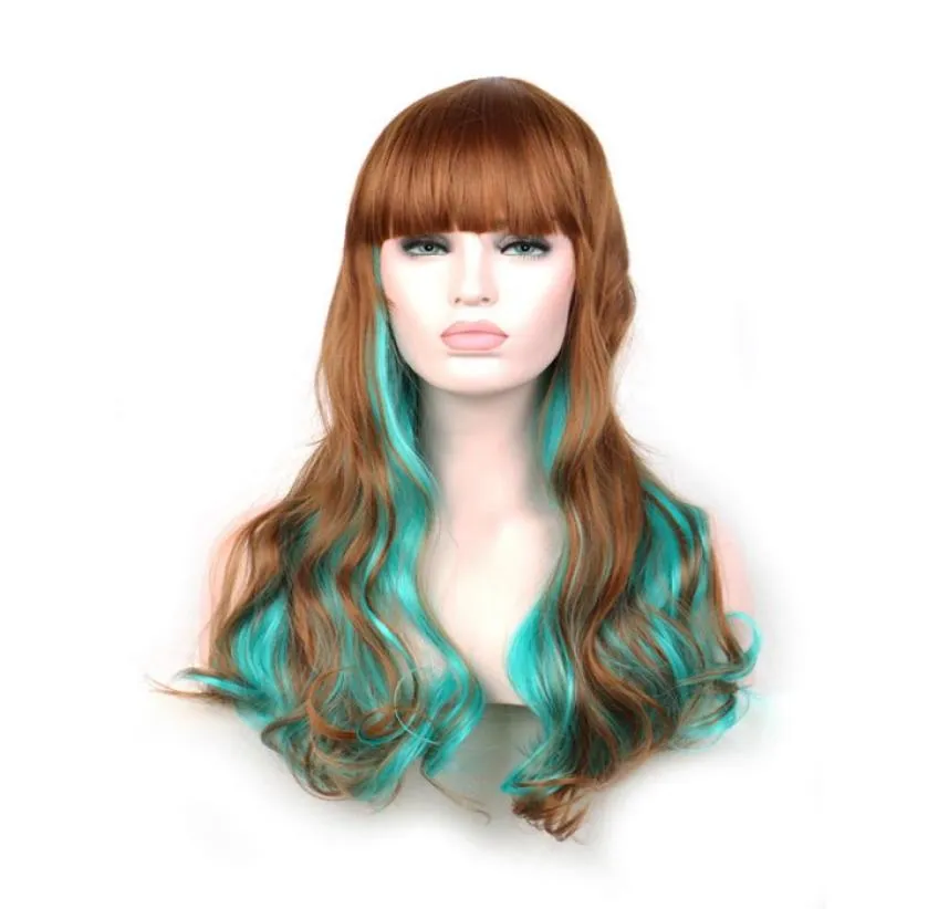 WoodFestival green brown ombre wig women harajuku wigs lolita long wavy synthetic hair heat resistant fiber wigs curly4058607