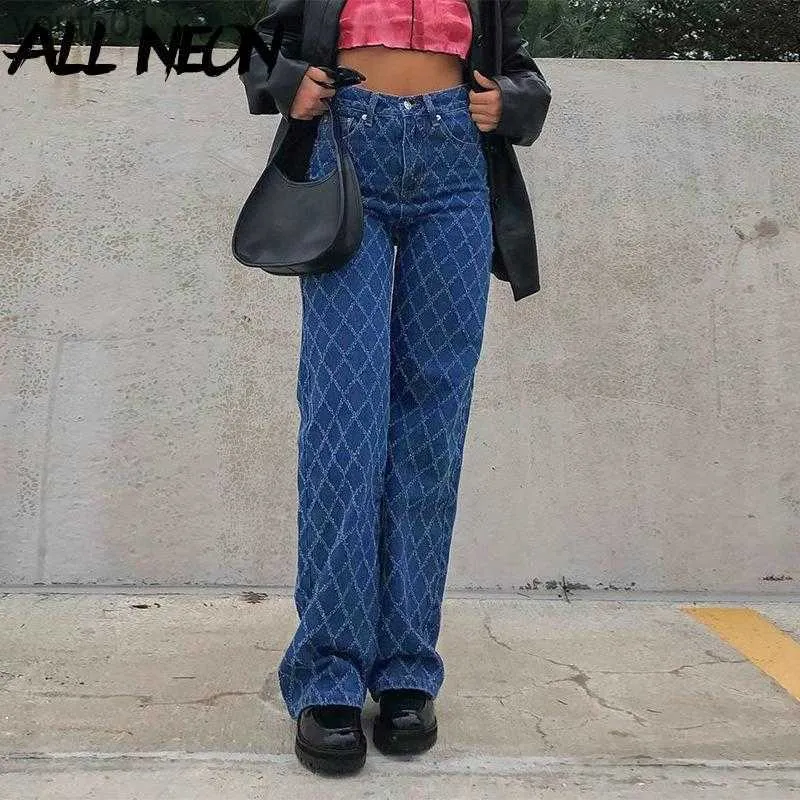 Women's Jeans ALLNeon 90s Streetwear Argyle Plaid Baggy Jeans Y2K Aesthetics High Waist Blue Denim Trousers Vintage Indie Pants Skater Outfits 240304