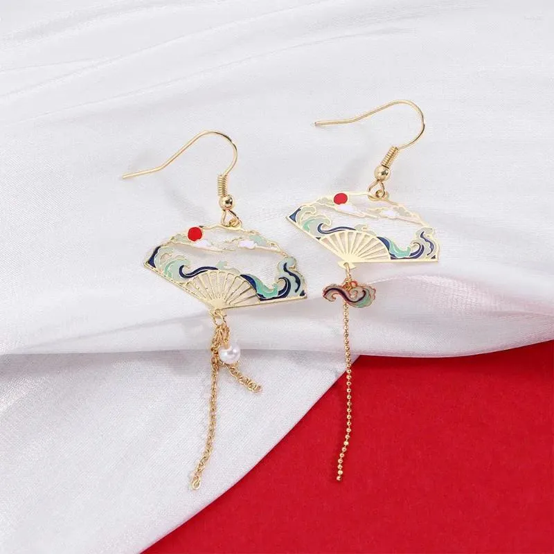 Boucles d'oreilles pendantes pour femmes, éléments chinois, éventail creux, longue chaîne, perle, pompon, pendentif, feuille de Lotus, fleurs de cerisier, goutte de nuage