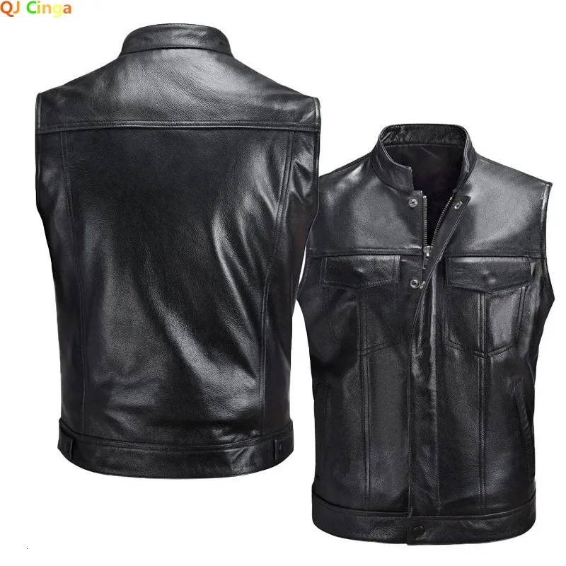 Black Collar Sleeveless PU Vest Jacket Mens Single-breasted Up and Down with Pockets Faux Leather Vests Coat S M L XL XXL XXXL240304