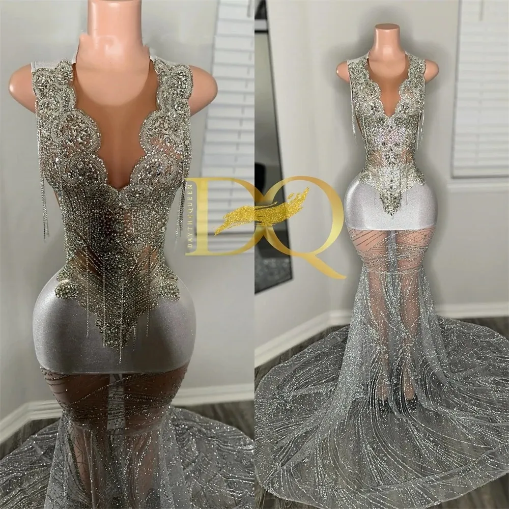 Robe De bal longue argentée à col rond pour filles noires, tenue De fête d'anniversaire avec perles et diamants, tenue De soirée à franges, 2024