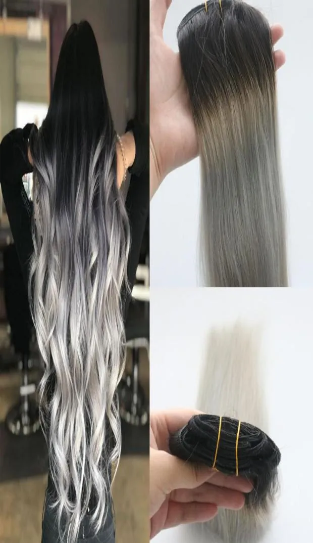 Зажимы для наращивания человеческих волос Dip and Dye Ombre Remy на всю голову, от темного выцветания до серого, клипсы для наращивания волос, 7 шт. 120gram3526844