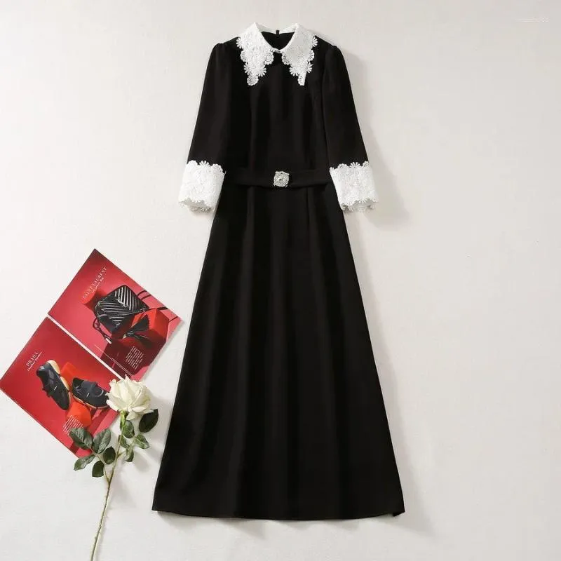Vestidos casuais europeus e americanos roupas femininas 2024 outono bordado lapela cinto com mangas de sete quartos moda vestido preto xxl