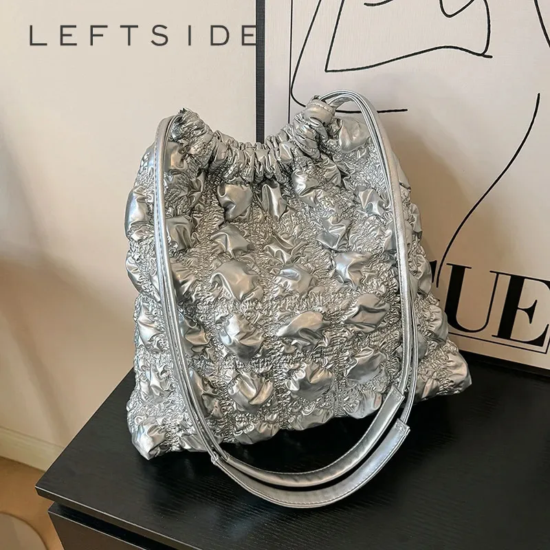 LEFTSIDE Korean Fashion Big Pleated Plaid Silver Quilted Padding Womens Nylon Underarm Shoulder Bag Bag Handbag Y2K 240229