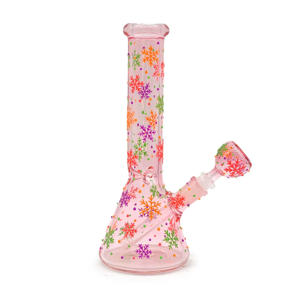 10in, conduite d'eau en verre borosilicaté, bouteille en verre rose avec flocon de neige lumineux coloré, lueur dans l'obscurité, bangs en verre de dessin animé mignon, narguilé en verre, peint à la main