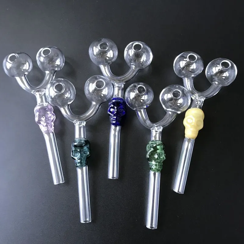 Double Skull Glass Pipes Two Head Glass Pyrex Oil Burner Pipes Colorful Smoking Tobacco Pipes SW29