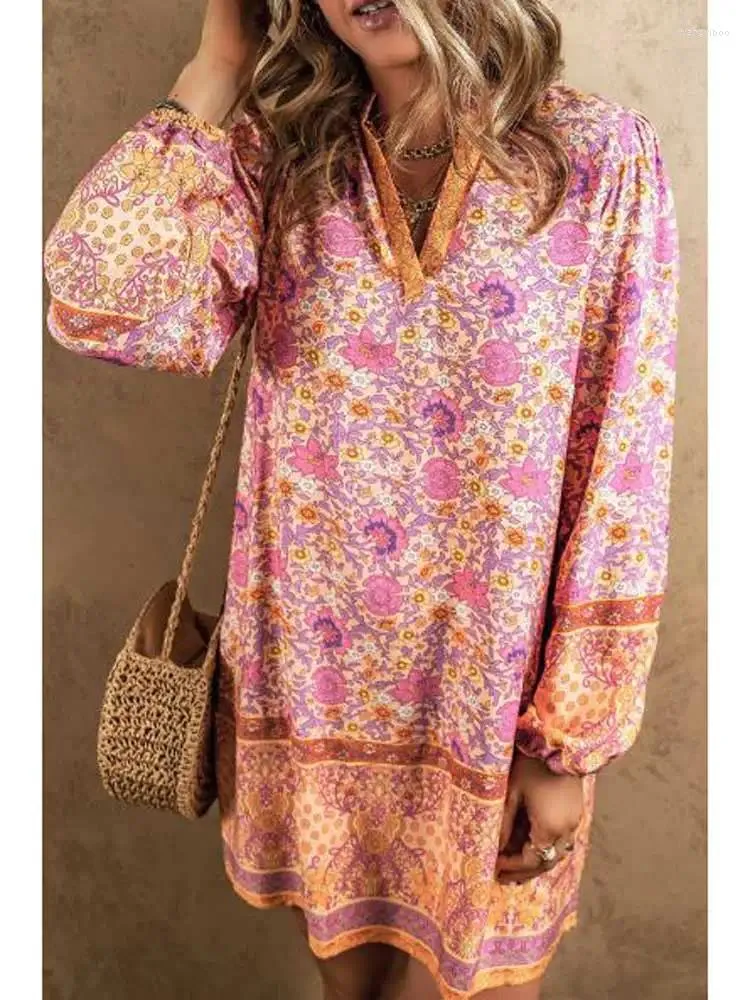 Robes décontractées Boho inspiré Floral imprimé col en V manches bouffantes mini robe viscose femmes plage vacances d'été