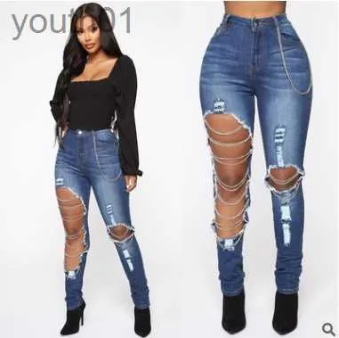 Women's Jeans Spring ripped jeans womens chain hanging elastic cotton small feet pants Q231106 240304