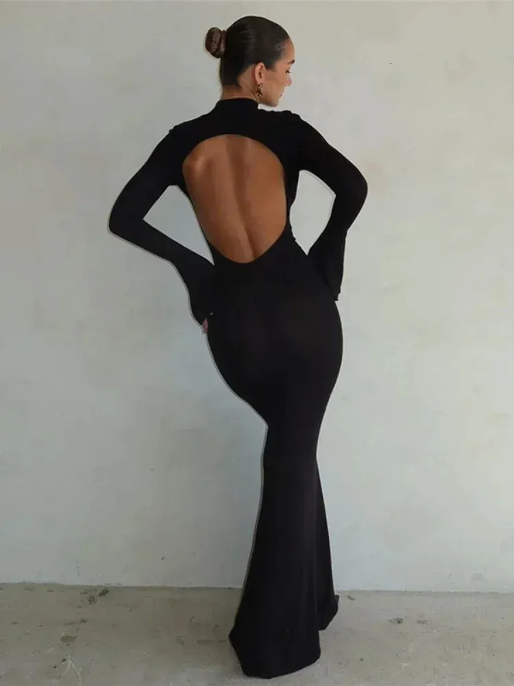 Sexy Black Backless Long Sleeve Maxi Dress for Women, Elegant Autumn  Evening Party Dress
