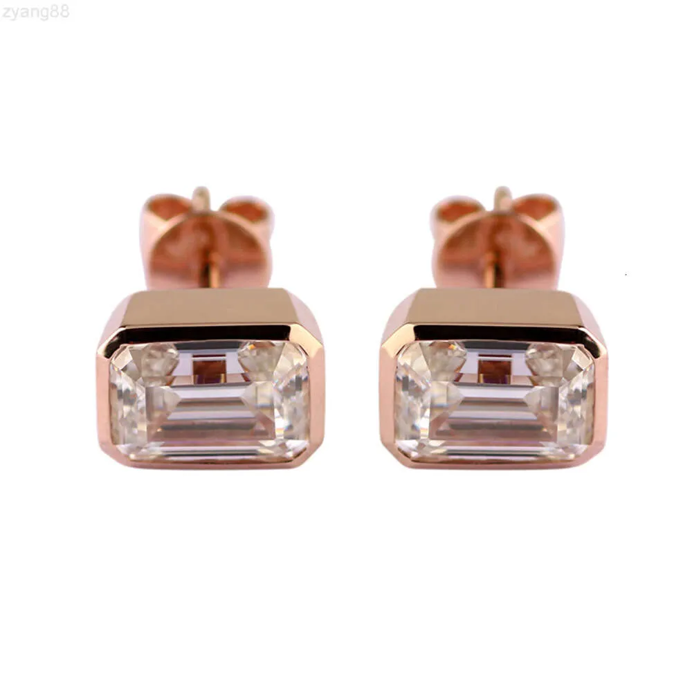 Brinco feminino de ouro maciço com corte esmeralda 5*7mm diamante de moissanite sintético 14k ouro rosa