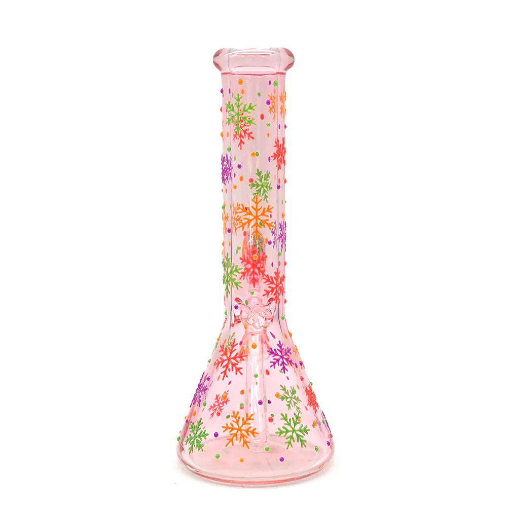 10in,Borosilicate Glass Water Pipe,Pink Glass Bottle With Colorful Luminous Snowflake,Glow In Dark,Cute Cartoon Glass Bongs,Glass Hookah,Hand Painted