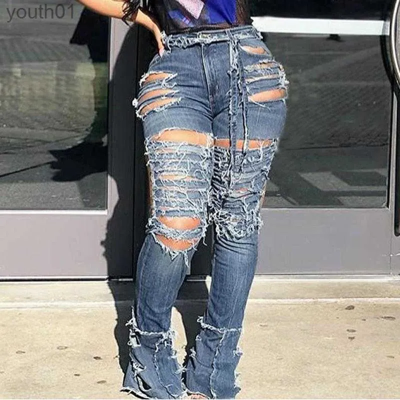 Women's Jeans Dihope 2020 Sexy Hollow Out Ripped Jeans Women Personality High Waist Denim Pants Femme Bodycon Club Pencil Pants Plus Size 240304