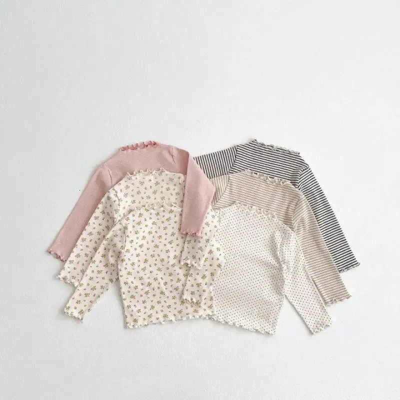 Automne fille enfants doux imprimé fleuri chemise de fond bébé volants rayé à manches longues hauts enfant coton points fins t-shirts 240220