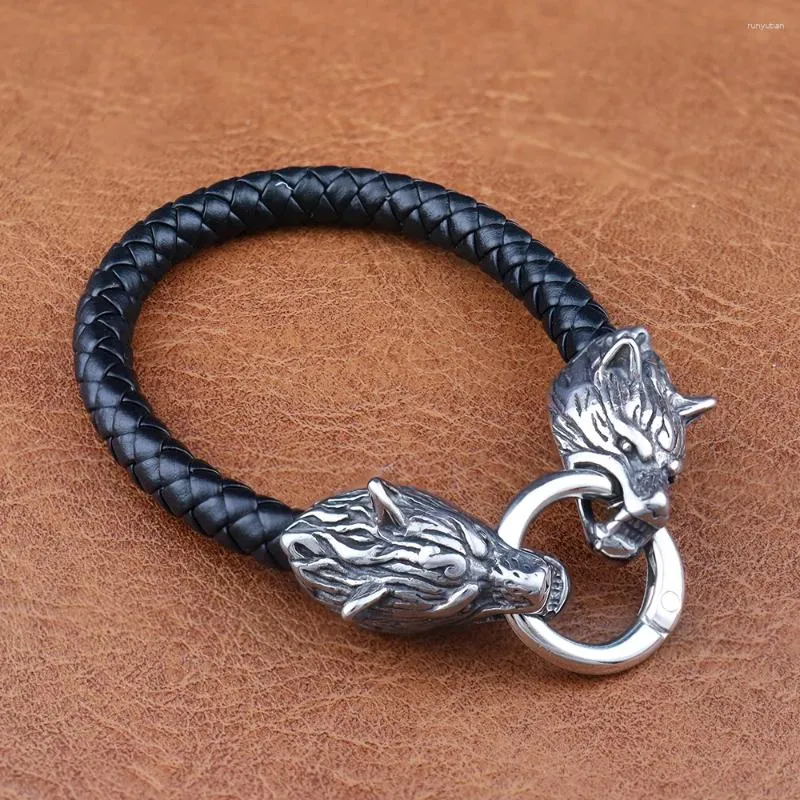 Bracelet en acier inoxydable Vintage pour hommes, Viking loup Heda, bracelet en cuir classique nordique avec animaux, bijoux de charme à la mode, goutte