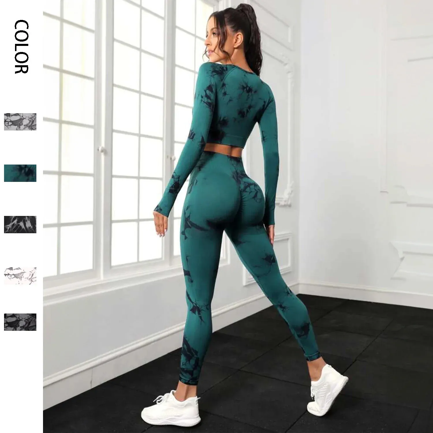 Kvinna Die Dye Yoga Set Sportswear Gym Set for Woman Outfits Kläder snabb torr höftlyftning av kroppsbyggnad Kvinnor Tracksuit 240301