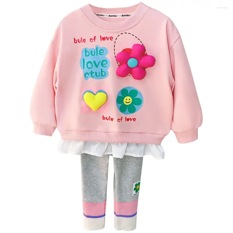 Zestawy odzieży 2024 Spring Baby Dziewczyny Dzieci Koronkowe Kwiatowe T -Koszulki 2 PCS SUITS DZIECI COSTUAL COSTUME Ubrania Ubrania