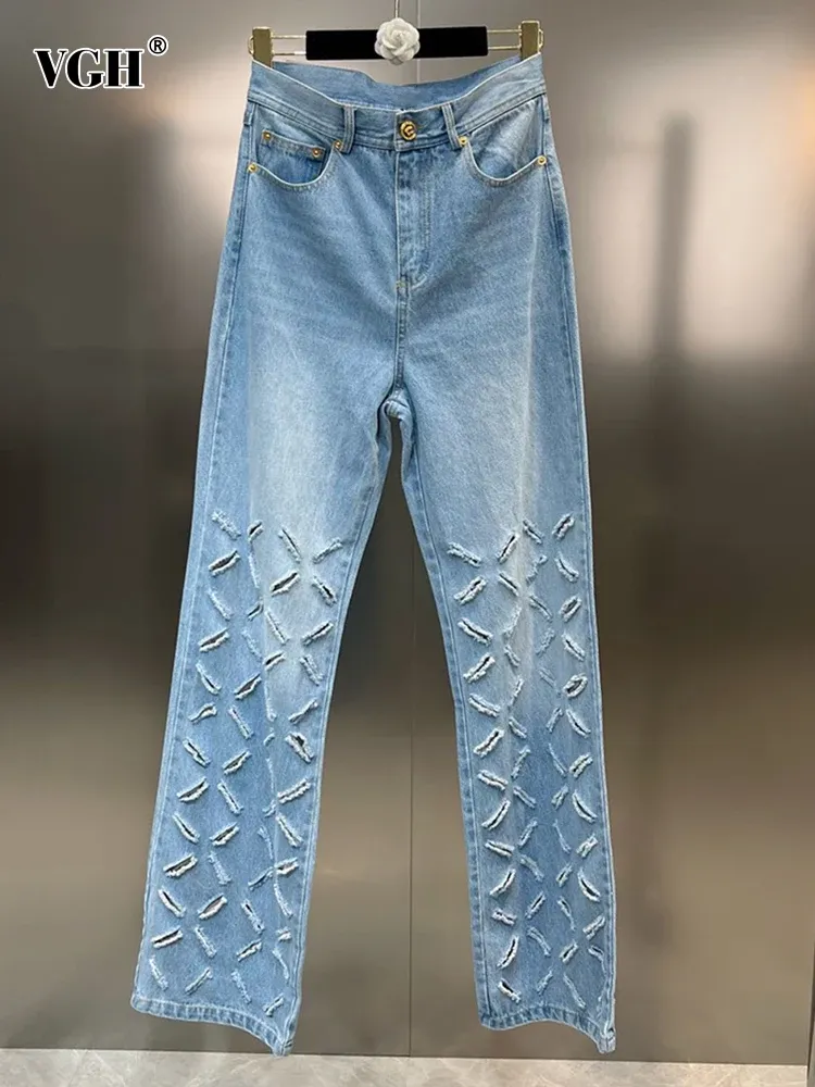 Jeans vgh casual lös ihålig ut denim byxor för kvinnor hög midja solid rak råa hem byxor kvinnliga modekläder sommar nya