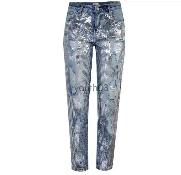 Jeans femininos inverno senhoras cintura vintage jeans mulher denim lantejoulas namorado jeans feminino rasgado para calças 240304