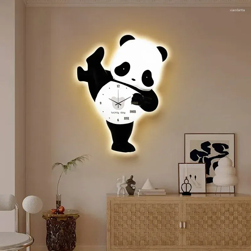 Wall Clocks Panda Clock Living Room Porch Decorative Painting Lamp 2024 Online Celebrity Punch-free Silent Wall.