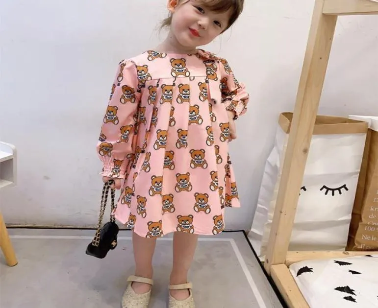 2022 Ny sommarmode tecknad bokstavstil Kidsflickkläder Långsleeved Bear Print Dress Baby Girl Princess Dress 28 Years9841943