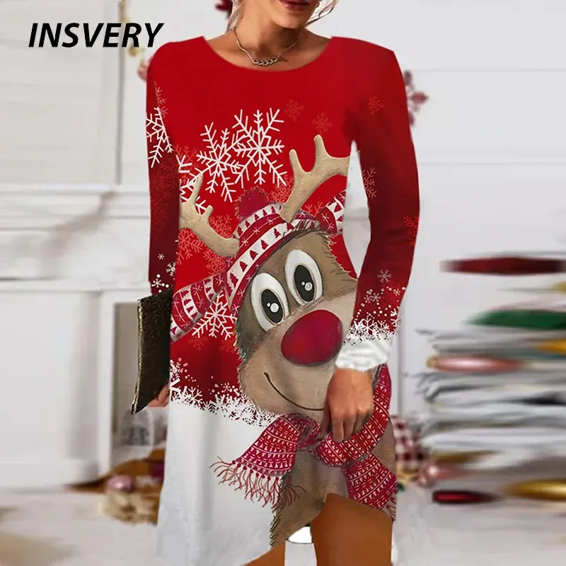 Klänning Autumn Women Dress Red Christmas Print Party Dresses For Women Fashion O Neck Long Sleeve Mini Dress