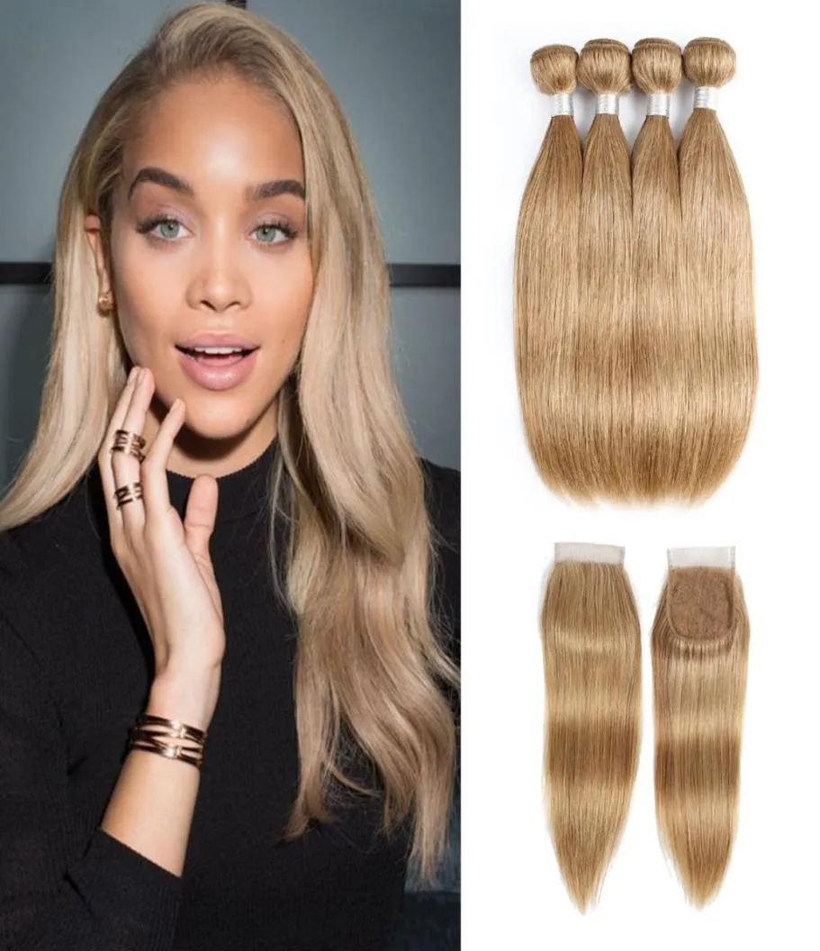 27 paquets de cheveux humains blond miel avec fermeture Extensions de cheveux humains droites péruviennes 1624 pouces 3 ou 4 paquets avec dentelle 4x4 C1200238