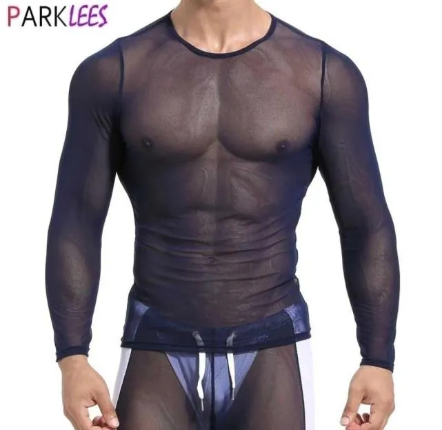 Transparentes Netz-T-Shirt für Herren, durchsichtiges Netz-T-Shirt, sexy Langarm-T-Shirt, Homme, schmale Passform, durchsichtiges Netz-Oberteil, Unterhemden XL 2105224527594